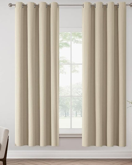 ChrisDowa 100% Blackout Natural Solid Solid Curtains 72 Inches Long 2 Panels for Bedroom Living Room,Farmhouse Room Darkening Thermal Insulated Soundproof Grommet Top Window Treatment Drapes,52x72