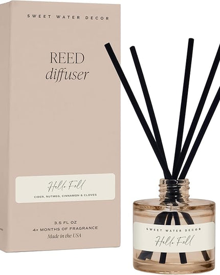 Sweet Water Decor Hello Fall Reed Diffuser, Cozy Autumn Home Scent with Apple Cider & Spice, Long-Lasting Non-Toxic Oil for Bedroom, Bathroom & Office, Fall Gift Set for Women, Lasts 4+ Months