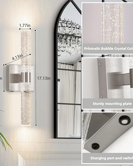 Battery Operated Crystal Wall Sconce 2-Pack Rechargeable Modern Vanity LED Light Fixtures, 3000K-6000K Dimmable Wireless Wall Lights for Bathroom Bedroom Living Room Hallway