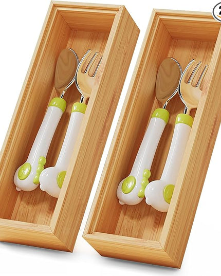 Bamboo Kitchen Drawer Organizer Boxes – 9" x 3" Stackable Wood Silverware Utensil Tray for Drawers Bins, Cutlery & Flatware Storage – Wooden Organizers Set of 2 for Junk Drawer, Bathroom, RV