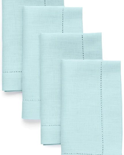 Solino Home Aqua Blue Linen Napkins Set of 4-100% Pure Linen Hemstitch Dinner Napkins 20 x 20 Inch - Classic Hemstitch