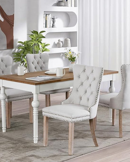 SoarFlash Linen Fabric Dining Chair Set of 4, Upholstered Tufted Dining Room Chair with Nailhead Trim and Solid Light Color Wood Leg for Kitchen (Beige)