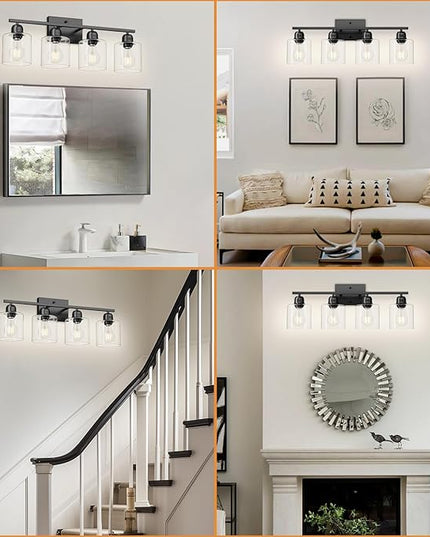 Modern 4 Light Bathroom Light Fixtures, 24 inch Black Vanity Lights for Bathroom with Clear Glass, Bathroom Vanity Light for Mirror Kitchen Living Room Hallway Cabinet Porch