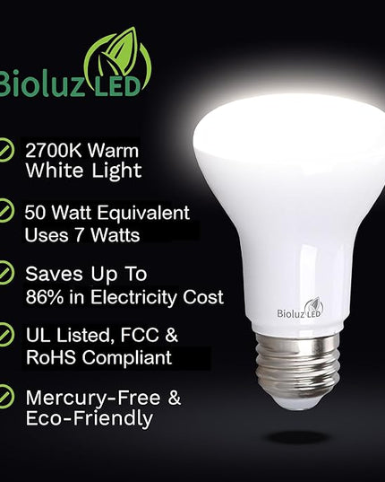 Bioluz LED 10 Pack BR20 LED Bulbs Indoor Flood Light R20 Dimmable High CRI 2700K Warm White, 50 Watt Equivalent Uses 7W, 540 Lumens UL Listed FCC RoHS Compliant