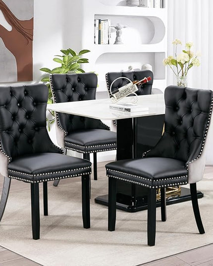 SoarFlash Leather Dining Chairs Set of 4, Tall Back Side Chair, Modern Upholstered Side Chair with Button Back Ring, Solid Wood Legs (Black&Grey)