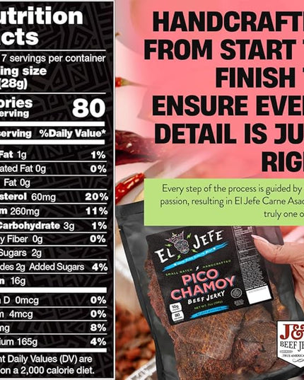 El Jefe Pico Chamoy Beef Jerky - Hand Crafted Small Batch Mexican Style Hispanic Slab Jerky - Bold & Authentic Flavor for Snacking and Entertaining! - 7oz