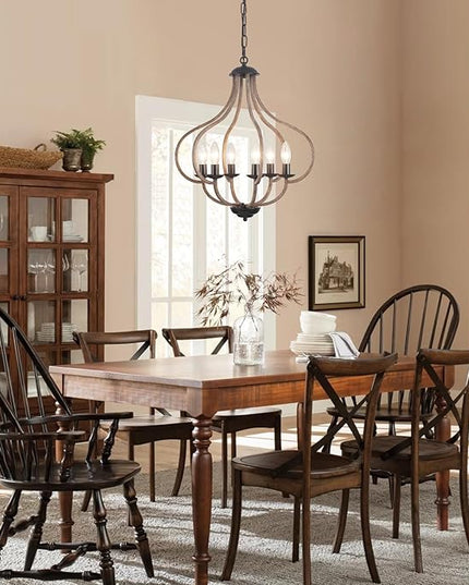18‘’ Wood Farmhouse Chandelier, 6-Light Vintage Rustic Oak Brown Pendant Lights for Kitchen Island Lighting for Hallway Entryway Foyer Living Room Bedroom