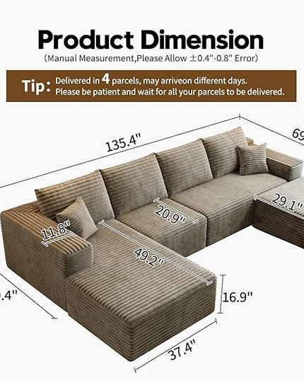 135.4" Cloud Modular Sectional Couch with 1 Ottoman,Modern Minimalist Upholstered Couches, Comfort U Shaped Sofa for Living Room,Deep Seat Corner Couch，No Assembly Required (Camel,Left Facing Chaise)