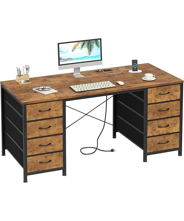50 Inch Computer Desk with 8 Drawers, Home Office Desk with Power Outlets, Work Study Gaming Desk with 8 Fabric Drawers, Rustic Brown