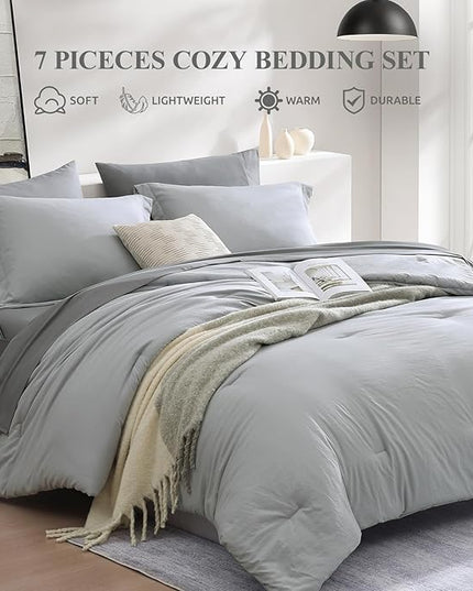 WRENSONGE Queen Comforter Set- 7 Pieces Soft Light Grey Bed in a Bag Queen with Fitted Sheet, Flat Sheet, 2 Pillow Shams, and 2 Pillowcases- Warm Bed Set for All Season