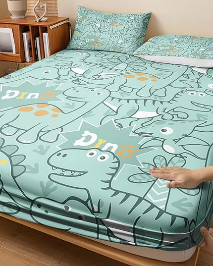 AILONEN Cartoon Dinosaur Fitted Sheet Set Twin XL Size, Kawaii Blue Dinosaur Printed Bedding Set for Kids,Boys,Cute Animal Bedsheets Set,3-Piece, 1 Fitted Sheet and 2 Pillowcases