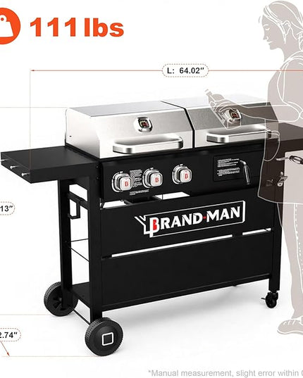 Brand-Man Propane Gas and Charcoal Grill Combo, Dual Fuel BBQ Combo Grill with Stainless Steel Dual Lids & 2 Side Shelves for Outdoor Kitchen & Backyard Barbecue Cooking