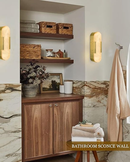 Alabaster Wall Sconce, 13.8" Natural Marble Wall Sconce, Brass Alabaster Sconces Set of Two, Indoor Modern Bathroom Sconces Wall Lighting for Living Room, Bedroom, Hallway, Stairs