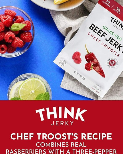 Think Jerky Sweet Chipotle Beef Jerky, Grass-Fed High Protein Beef, Gluten Free, No Antibiotics or Nitrates, Healthy Chef Crafted Recipe, Low Calorie and Low Fat - 1.0 oz Bags, 8 Pack