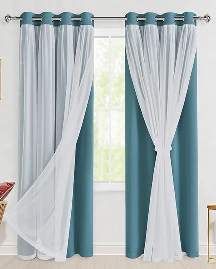 Hiasan Blackout Curtains with Sheer Overlay,Thermal Insulated Mix & Match Double Layer Room Darkening Curtains for Bedroom,Living Room,Nursery,2 Window Panels Sewn with Tiebacks,Stone Blue,52W X 84L
