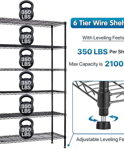 Dkeli 6-Tier Heavy Duty Metal Shelving Unit with Wheels | 48''D x 18''W x 82''H NSF Certified Adjustable Storage Rack | Commercial Grade Steel Wire Shelves for Garage, Pantry, Kitchen - Black