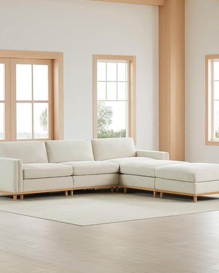 CHITA Super Large Luxury L Shape Convertible Sectional Modular Sofa, Down Filled Modern Sofa, Deep Seat Cloud Couch, 118 inch Width, 5 Seat Couch with Chaise, 2 Ottomans, Solid Wood Leg, Linen