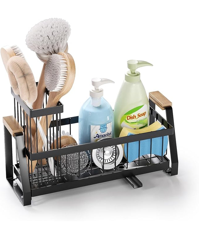 Sink Caddy Organizer with Wooden Handle & Self-Draining Tray, Trapezoid Kitchen Sponge Holder with Non-Slip Suction Cups , Organizer for Sponge, Brush, Soap Dispenser for Sink and Bathroom Countertop