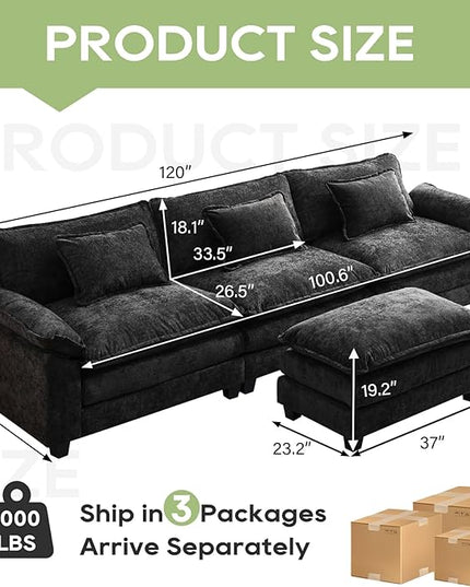 120" Modular Sectional Sofa, Comfy Cloud Couch Sectional Sofa with Ottoman, Chenille Sofa Sleeper Deep Seat Sofa with Throw Pillows for Living Room (Black, 120"- L Shape)