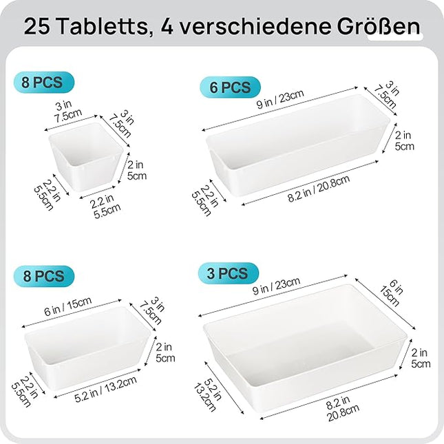 Vtopmart 25 PCS Plastic Drawer Organizers Set, 4-Size Versatile Bathroom and Vanity Drawer Organizer Trays, Storage Bins for Makeup, Bedroom, Kitchen Gadgets Utensils and Office
