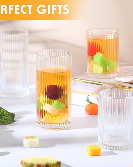 Zhehao 12 Pcs Ribbed Drinking Glasses Set 9 oz 12 oz Glass Cups Vintage Glassware Ribbed Cocktail Cup Clear Ice Coffee Highball Ripple Drinkware for Home Bar Beverages