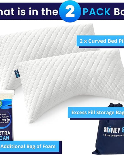 Sidney Sleep Set of 2 Queen Size Bed Pillows for Side and Back Sleepers - Adjustable Filling - Memory Foam Pillows for Neck and Shoulder Pain - Customizable Loft - Extra Foam Included (White)