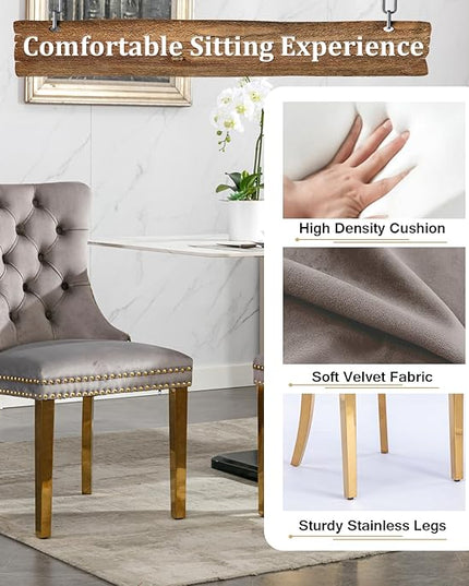 70" Modern Gold Glass Dining Table Set for 6, 7-Piece Rectangle Kitchen Dining Room Table Set with Steel Base & 6 Grey Velvet Upholstered Chairs, Modern Glass Kitchen Table and Chairs Set of 6