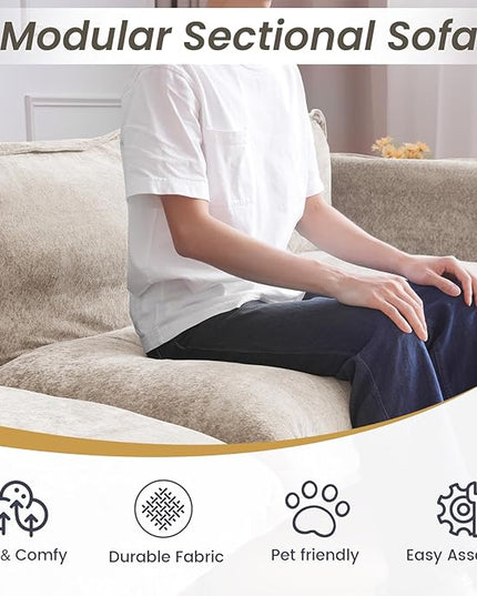 WJShome 147" Modern L-Shaped Couch for Living Room,Velvet Modular Sectional Sofa with Chaise,4-Seater Sofa with 1 Ottomans with Removable Cushions and 8" High Metal Legs, Easy to Clean, Oatmeal