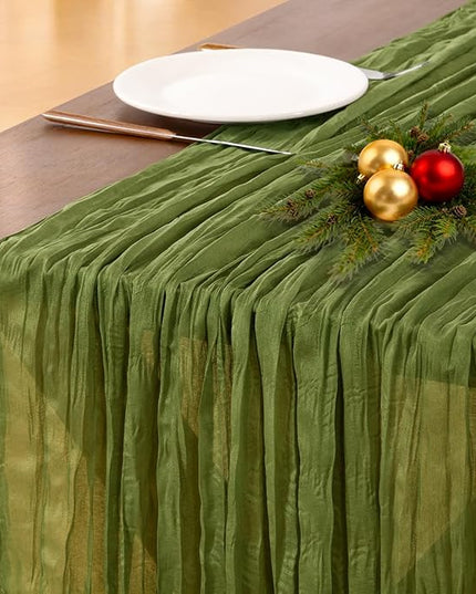 Socomi Olive Green Christmas Cheesecloth Table Runner Boho Rustic Gauze 120 inch 10FT Cheese Cloth Runner for Wedding Party Baby Shower Birthday Home Decor Holiday Decorations
