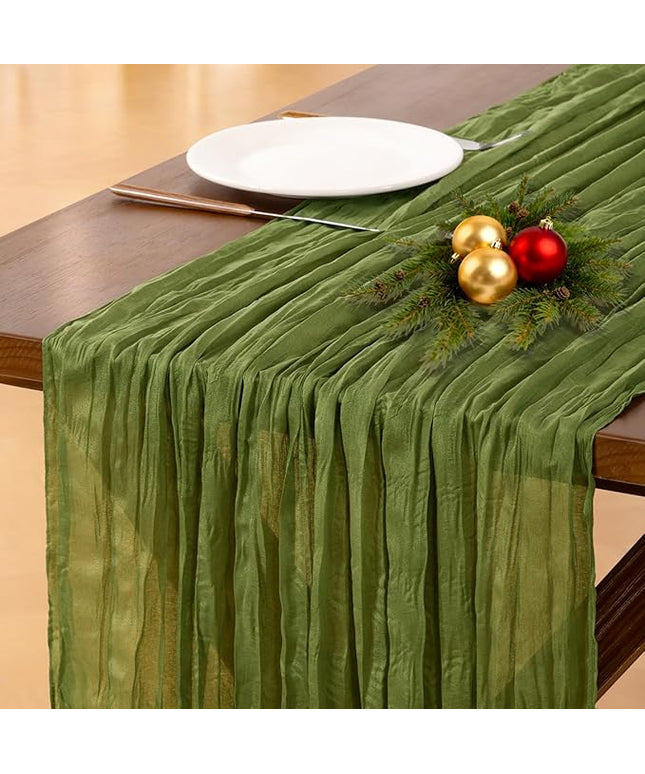 Socomi Olive Green Christmas Cheesecloth Table Runner Boho Rustic Gauze 120 inch 10FT Cheese Cloth Runner for Wedding Party Baby Shower Birthday Home Decor Holiday Decorations