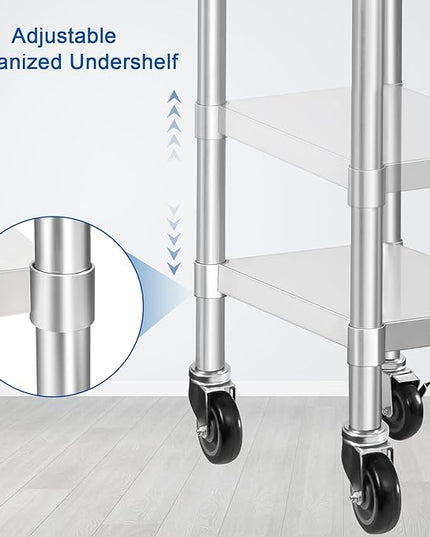 HARDURA Stainless Steel Commercial Table Prep & Work Table with Casters Heavy Duty Metal Table with Wheels NSF 430 14×30 Inches