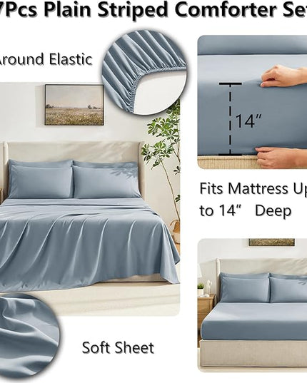 CozyLux Full Size Comforter Sets Grayish Blue, 7 Pieces Bed in a Bag, Blue Comforter Full Size, All Season Bedding Sets with Stitch Quilted Comforter, Flat Sheet, Fitted Sheet, Pillowcases