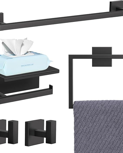 YACVCL 5-Pieces Matte Black Bathroom Hardware Accessories Set 23.6 Inch Towel Bar Set Upgraded Toilet Paper Holder with Shelf Stainless Steel Wall-Mounted Bathroom Hardware Set