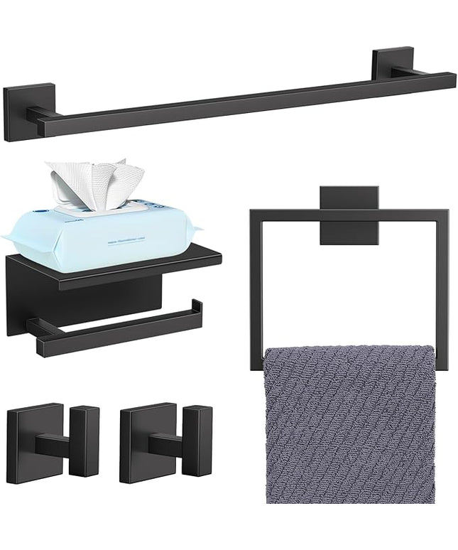 YACVCL 5-Pieces Matte Black Bathroom Hardware Accessories Set 23.6 Inch Towel Bar Set Upgraded Toilet Paper Holder with Shelf Stainless Steel Wall-Mounted Bathroom Hardware Set