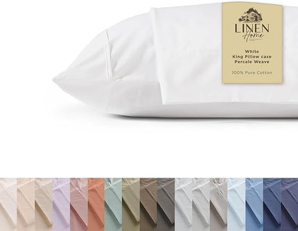 Linen Home 100% Cotton Percale Pillowcases King Size, White, 2 Pieces of Pillow Case, Crisp and Cool Strong Bed Linen, 20 inches X 40 inches