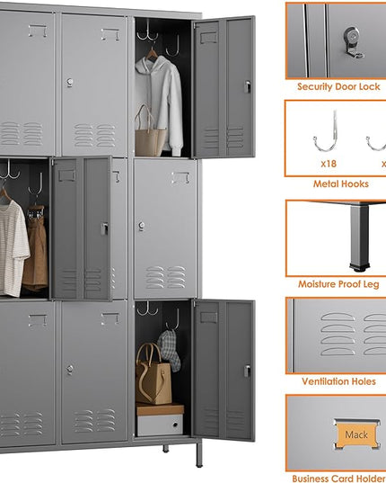 Aobabo New 9 Doors Metal Storage Locker for Employees, Lockable Steel Locker with Name Card Slot and 27 Hooks for School Office Gym Garage, Dark Grey, Assembly Required