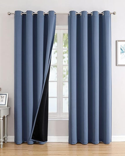 ChrisDowa 100% Blackout Curtains for Bedroom with Black Liner, 2 Thick Layers Total Blackout Thermal Insulated Grommet Window Curtains 2 Panels Set (Stone Blue, 52 x 72 Inch)