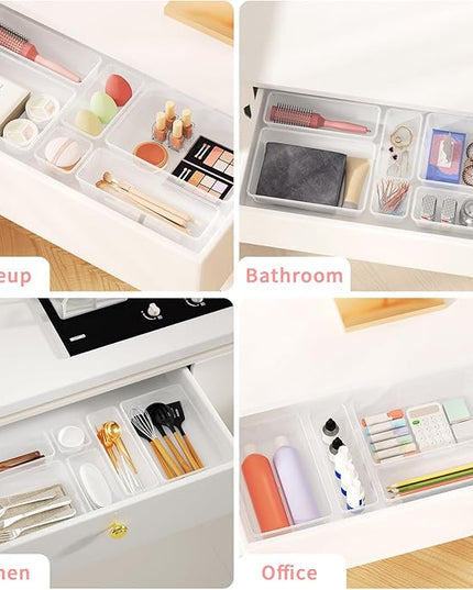 15 PCS Clear Plastic Drawer Organizer Set, 4 Sizes Versatile Bathroom Drawer Organization and Storage Trays, Non-Slip Desk Vanity Storage Bins for Makeup Jewelry Kitchen Utensil Gadget Office