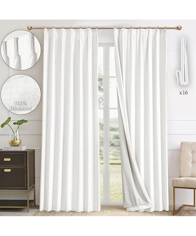 IVAPUPU Pinch Pleated Linen Blend Blackout Curtains for Bedroom - Ivory Full Black Out Curtains 84 Inch 2 Panels Set for Living Room Darkening Thermal Window Curtain Drapes with 16pc Hooks