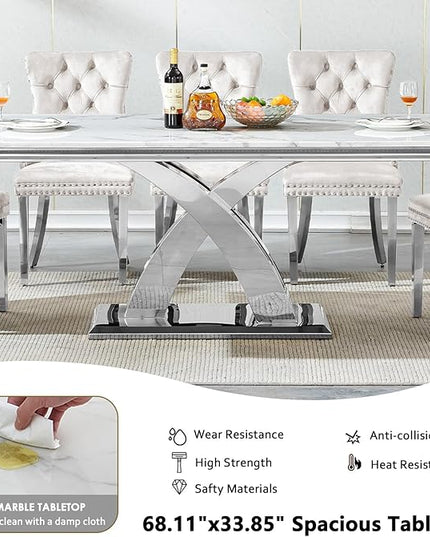 68" Faux Marble White Dining Table for 6-8, Modern Dining Room Table with 0.71" Marble Printing MDF Top and X-Shaped Silver Stainless Steel Base, Rectangle Kitchen Dinner Table
