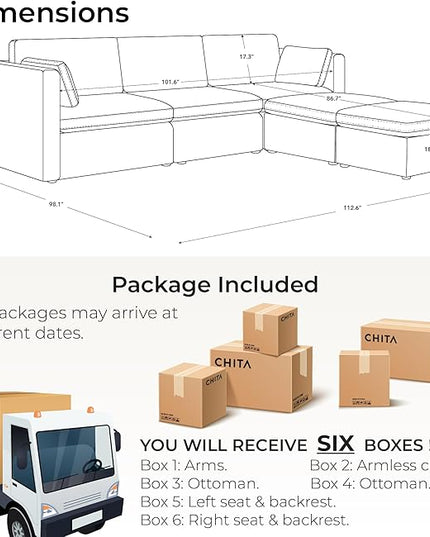 CHITA Oversized Modular Cloud Sectional Fabric Sofa Set, FSC Certified U Shaped Couch Reversible Chaise Modular Sectional Couch, 112 inch Width,5 Seat Modular Sofa Includes 2 Storage Ottomans, Grey