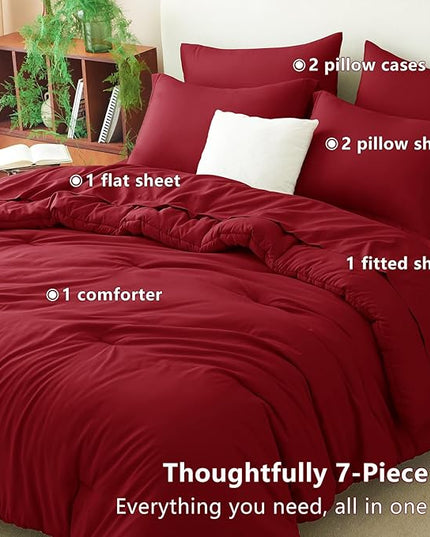 CozyLux Queen Comforter Set Dark Red, 7 Pieces Bed in a Bag Queen Size Comforter Set with Sheets, Bedding Sets with Down Alternative Comforter, Fitted Sheets, Flat Sheets, Pillow Shams and Pillowcases