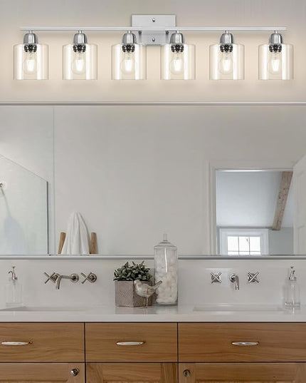 Modern Brushed Nickel 6 Light Bathroom Light Fixtures,38 inch Vanity Lights for Bathroom with Clear Glass, Vanity Light for Mirror Kitchen Living Room Hallway Cabinet Porch