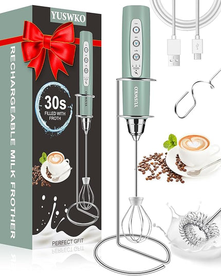 YUSWKO Milk Frother Handheld for Coffee with Stand, Rechargeable Drink Mixer with 3 Heads 3 Speeds Electric Coffee Frother Whisk, Gift for Many Occasions and Festival