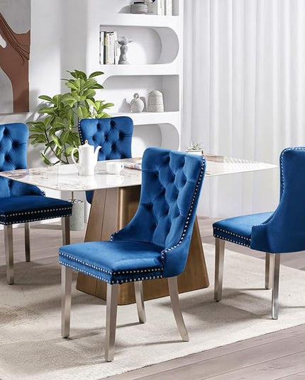 SoarFlash Velvet Dining Chair Set of 6, Upholstered Tufted Dining Room Chair with Nailhead Trim and Solid Silver Plated Leg for Kitchen(Blue)