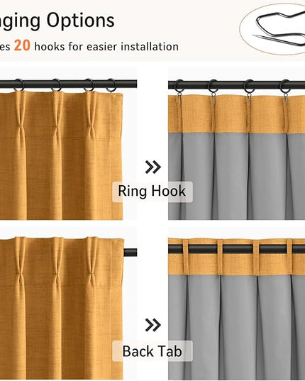 100% Blackout Shield Linen Look Textured Pinch Pleated Curtains Blackout Drapes 84 Inch Long 2 Panels Set, Faux Linen Blackout Curtains for Bedroom & Living Room, 40" W x 84" L, Mustard Yellow