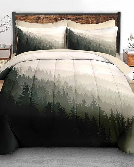 Comforter Set King Size, Mountain Pine Tree 7 Pcs Bedding for Kids and Adults, Natural Forest Landscape Bed Sheet Sets with Fitted Sheet 2 Pillowcases & 2 Shams