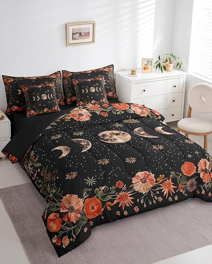 Feelyou Sun Moon Trippy 7 Piece Bedding Set Queen Size Red Floral Comforter Set with Sheets for Kids Adult Boho Nature Bed in a Bag Starry Galaxy Bed Set