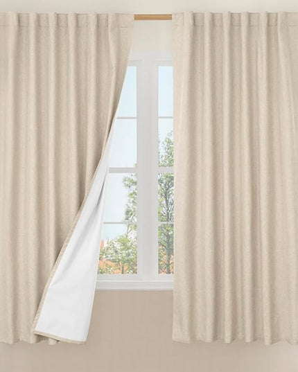 LAMIT 100% Blackout Natural Linen Curtains, 68 Inches Linen Textured Thermal Bedroom Curtains Back Tab and Rod Pocket Neutral Panels with White Liner for Farmhouse, 2 Panels, 52 x 68 Inch, Linen