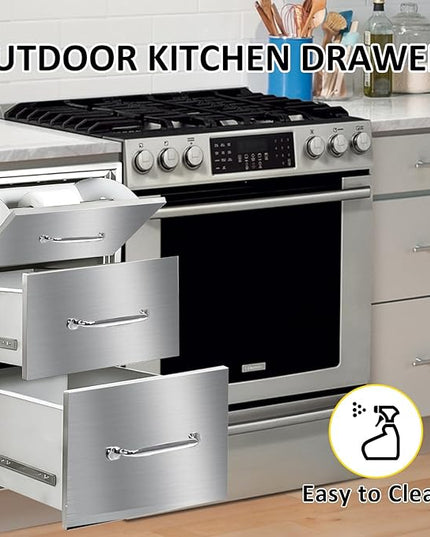 Outdoor Kitchen Drawers with Paper Towel Holder 17" W x 30"H Flush Mount BBQ Drawers with Chrome Handle,Stainless Steel Built-in Triple Access Drawers for Outdoor Kitchen Island, Patio Grill Station